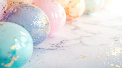 Wall Mural -   Pastel-colored Easter eggs on a marble surface with gold flecks and speckles