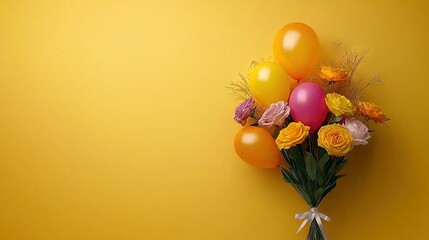 Wall Mural -   A group of balloons are perched on the top of a yellow wall and adjacent to a bouquet of flowers