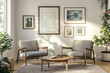 © Trendistudio - A midcentury modern interior photo of a living room with white walls hanging with art frames and gray armchairs and wood tables. Generative AI