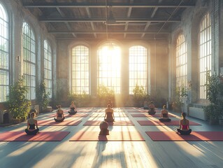 A group of women practicing yoga in a sunlit loft space with large windows, overlooking a city skyline.