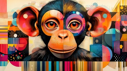 Wall Mural -   Monkey portrait with colorful pattern on the rear