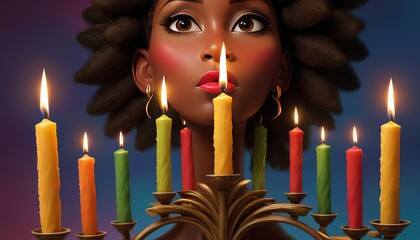 A woman gazes at Kwanzaa candles, each representing a principle of the holiday, in a colorful, vibrant setting. The image highlights the cultural celebration and the warmth of the Kwanzaa tradition