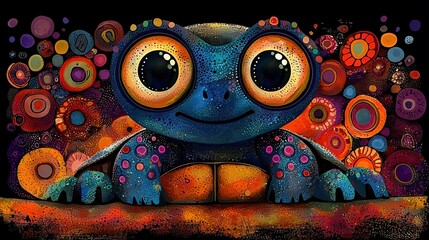   A painting of a blue-orange-yellow alien with big eyes on a wooden platform against a black background