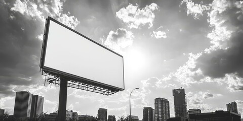 Wall Mural - Blank billboard against cloudy sky, skyscrapers.