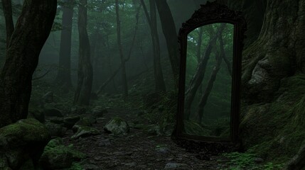 Fantasy forest at night with a mysterious magic mirror and a portal to another world.