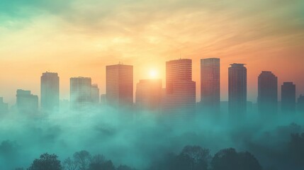 A powerful image of a city skyline enveloped in smog and haze, with a visible layer of pollution, representing the impact of global warming on air quality.