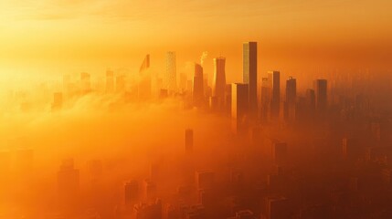 Poster - A powerful image of a city skyline enveloped in smog and haze, with a visible layer of pollution, representing the impact of global warming on air quality.