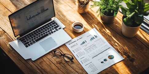 Poster - A laptop, coffee, glasses, and financial documents are arranged on a wooden desk.