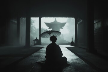 An ancient temple with a woman in traditional Chinese clothing kneeling in front of it