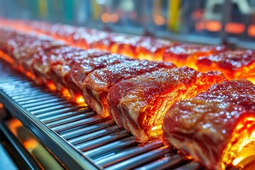 Close-up of Raw Meat Grilling on a Conveyor Belt