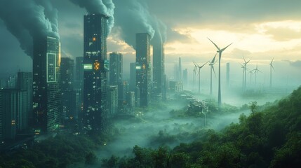 Wall Mural - futuristic ai-controlled renewable energy grids distributing solar and wind power: a clean-energy ci