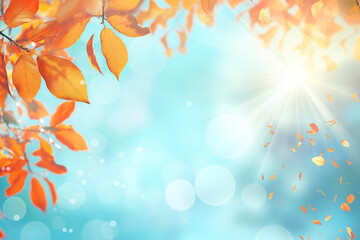 Wall Mural - autumn background with blurred autumn leaves and sun rays on a blue sky