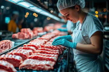 Wall Mural - Butcher in White Coat Handling Raw Meat at a Processing Plant