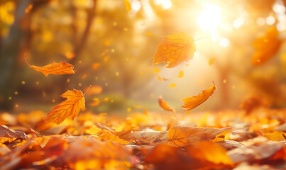 Wall Mural - autumn leaves falling on the ground in a park with a blurred background of sunlight filtering throug