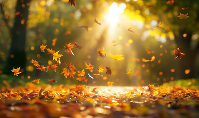 Wall Mural - autumn leaves falling on the ground in a park with a blurred background of sunlight filtering throug