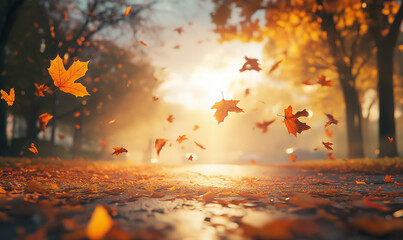 Wall Mural - autumn leaves falling on the ground in a park with a blurred background of sunlight filtering throug