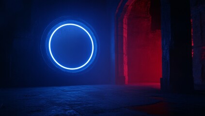Poster - This raster illustration depicts a sphere with a portal in the mist. Background: 3D artwork raster with an abstract look. Parallel worlds, magical realism, technology, cyberpunk, mysticism,