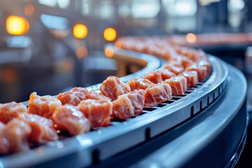 Wall Mural - Raw Meat Cubes Moving on a Conveyor Belt in a Food Processing Plant