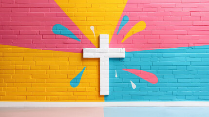 White cross on a vibrant brick wall with colorful abstract rays in a pop-art style. A modern, bold expression of faith and creativity.