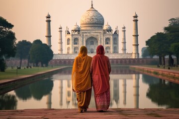 Wall Mural - Asian women at taj mahal architecture building spirituality.