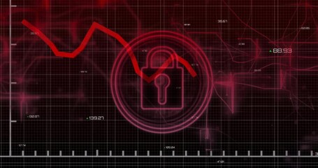 Poster - Animation of padlock and data processing over grid on dark background
