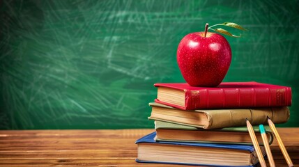 Red Apple on a Stack of Books Against a Green Chalkboard, education , back to school , knowledge