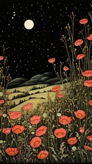 Canvas Print - Traditional japanese wildflower field at night astronomy outdoors nature.