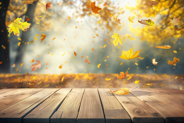 Wall Mural - wooden table with an autumn background and blurred golden-yellow bokeh light, with falling leaves in