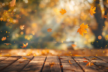 Wall Mural - wooden table with an autumn background and blurred golden-yellow bokeh light, with falling leaves in