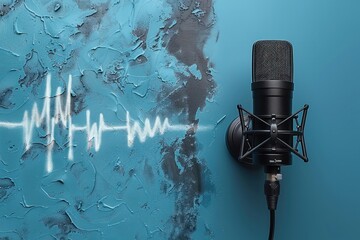 A close-up view of a black microphone beside abstract sound waves on a blue textured wall suggesting a creative audio production environment