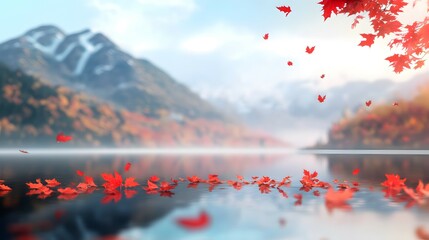 Wall Mural - Autumn Leaves Floating on a Calm Lake with Mountain View