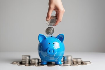 Vivid Blue Piggy Bank Surrounded by Shiny Silver Coins on Clean Background Symbolizing Financial Growth