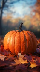 Wall Mural - Single Orange Pumpkin on Autumn Leaves