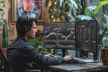 Wall Mural - A financial analyst working on a computer with real-time stocks and exchange market charts.