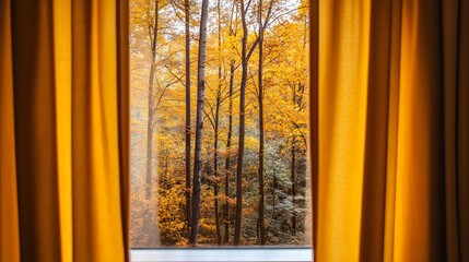 Wall Mural - Golden Autumn Forest View Through Yellow Curtains