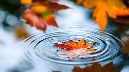 Wall Mural - Autumn Leaf Floating on Water with Ripples