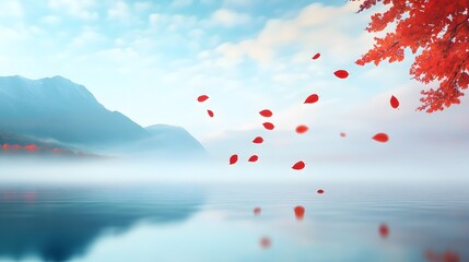 Sticker - Autumn Leaves Falling on Calm Lake with Mountain Landscape