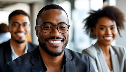 Wall Mural - Cheerful African American businessman leading a dynamic team in a vibrant, modern office setting