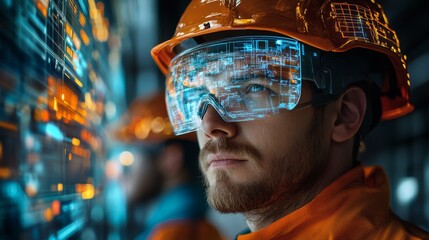 Futuristic smart helmets with augmented reality displays for construction workers: Workers wearing helmets with AR overlays showing blueprints and instructions.