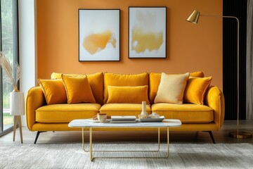 Wall Mural - A bright living room featuring a yellow sofa and modern decor.