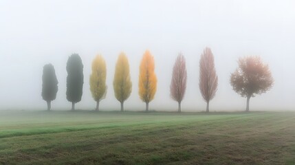 Wall Mural - Row of Trees in Foggy Autumn Field