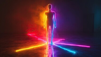 Wall Mural - 60 60. Glowing 3D human silhouette standing against a dark background, with the outline of the figure illuminated in bright neon light