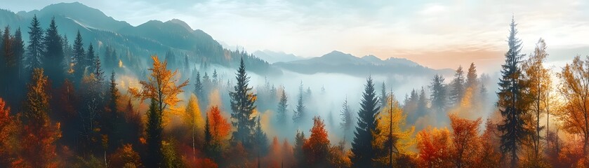 Wall Mural - Misty Mountain Forest Landscape with Autumn Colors