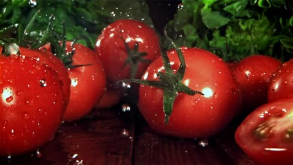 Poster - Fresh tomatoes with a splash of water. Filmed on a high-speed camera at 1000 fps. High quality FullHD footage