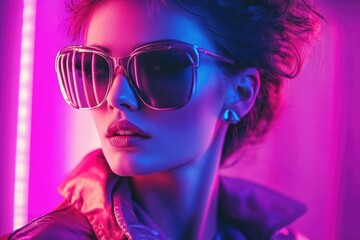 Fashion model posing under colorful neon lights wearing sunglasses