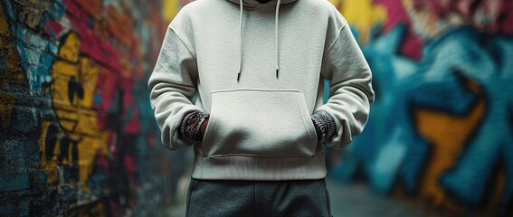 A person wearing a white hoodie standing in an alley with graffiti on the walls.