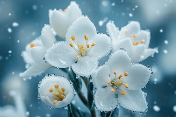 Wall Mural - delicate white flowers covered with snowflakes during winter
