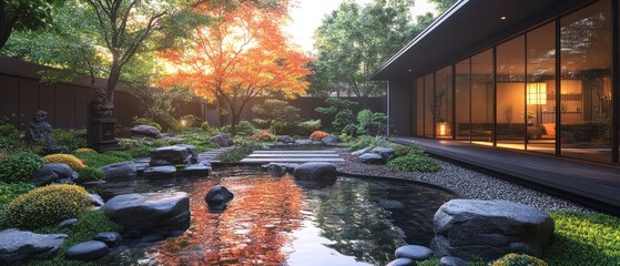 Poster - Japanese Garden with Pond and Autumnal Tree Reflection