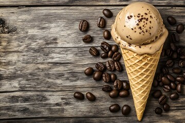 Coffee ice cream scoop in a waffle cone