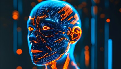 Wall Mural - Glowing Lines and Dots Forming a Human Head Symbolizing Artificial Intelligence in Vibrant Blue and Orange Colors